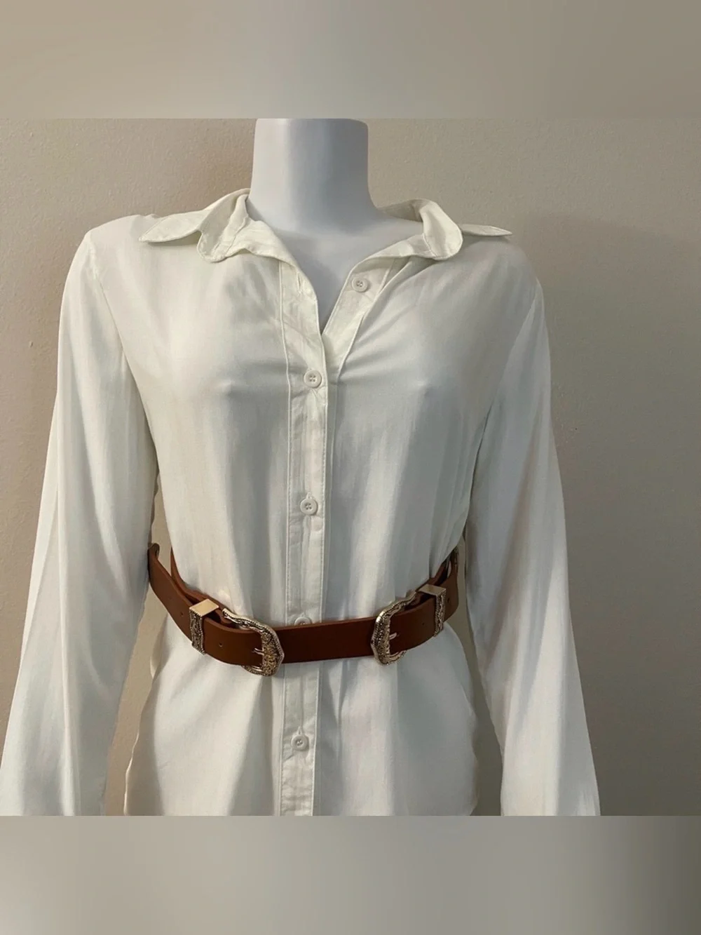 Brown PU leather distressed gold  tone double buckle adjustable skinny belt